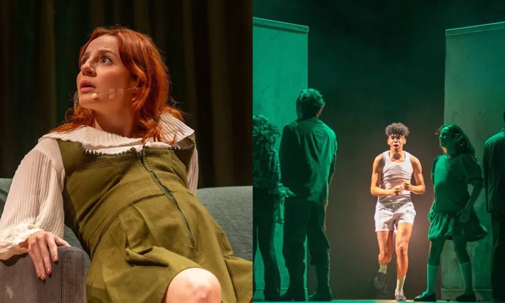 Colagem com duas fotos de apresentação do espetáculo "República Lee", em homenagem à obra de Rita Lee.