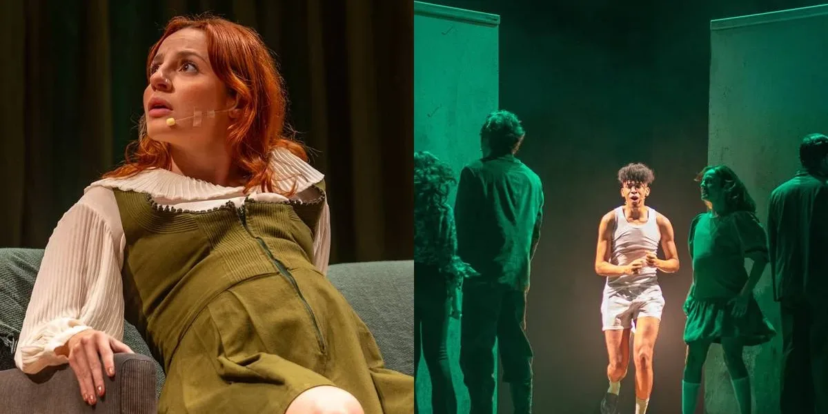 Colagem com duas fotos de apresentação do espetáculo "República Lee", em homenagem à obra de Rita Lee.