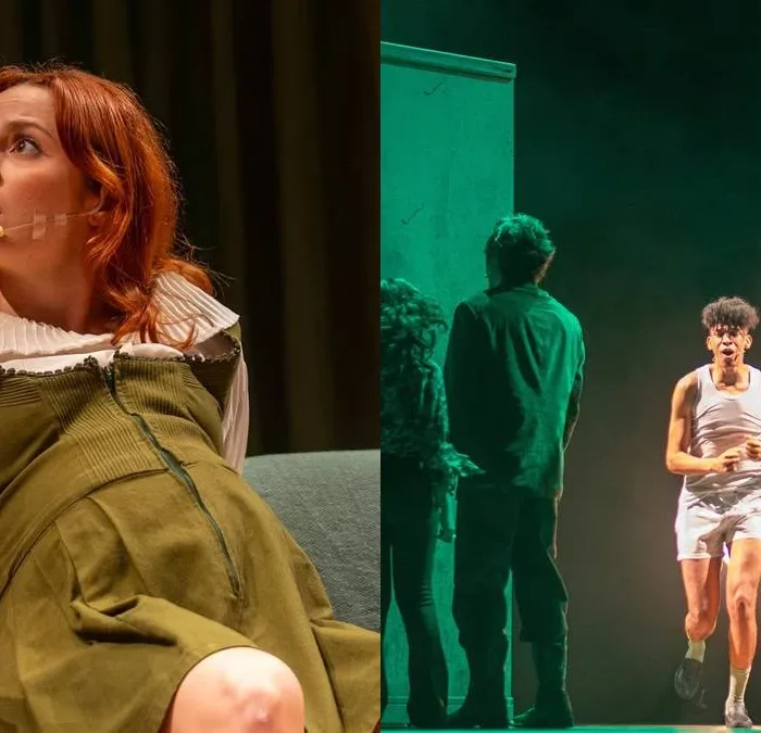 Colagem com duas fotos de apresentação do espetáculo "República Lee", em homenagem à obra de Rita Lee.