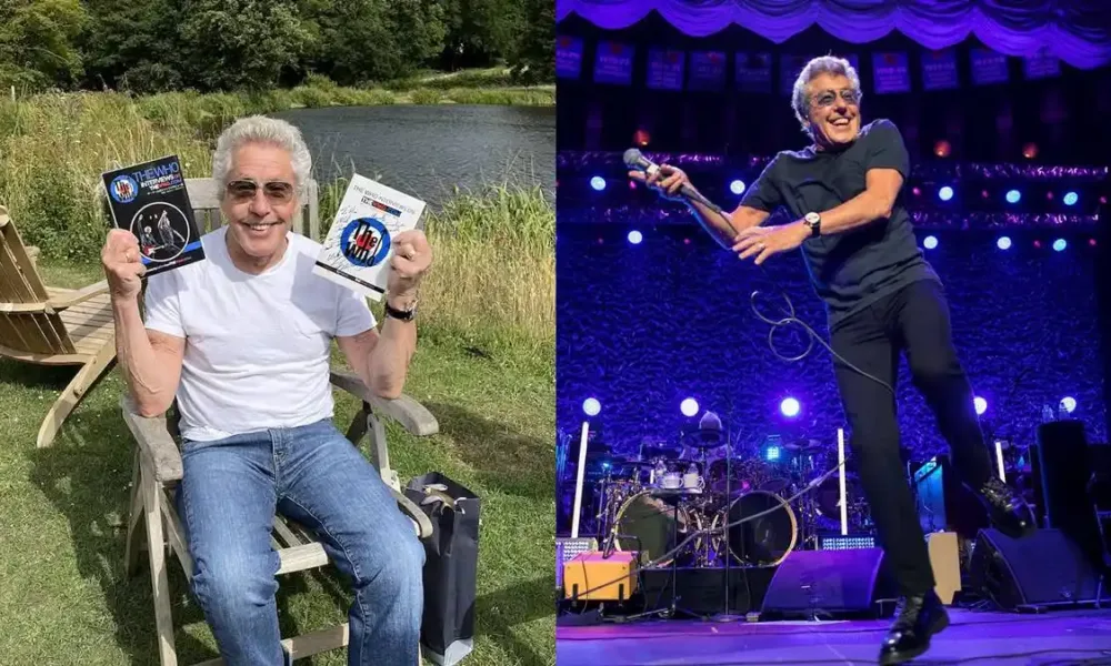 Roger Daltrey do The Who em colagem com duas fotos. À esquerda sentado numa cadeira de praia em uma paisagem verde e um lago ao fundo, segurando dois livros sorrindo. À direita numa paleta roxa em um show, tocando guitarra, dando um saltinho.