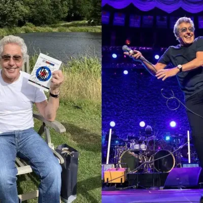 Roger Daltrey do The Who em colagem com duas fotos. À esquerda sentado numa cadeira de praia em uma paisagem verde e um lago ao fundo, segurando dois livros sorrindo. À direita numa paleta roxa em um show, tocando guitarra, dando um saltinho.