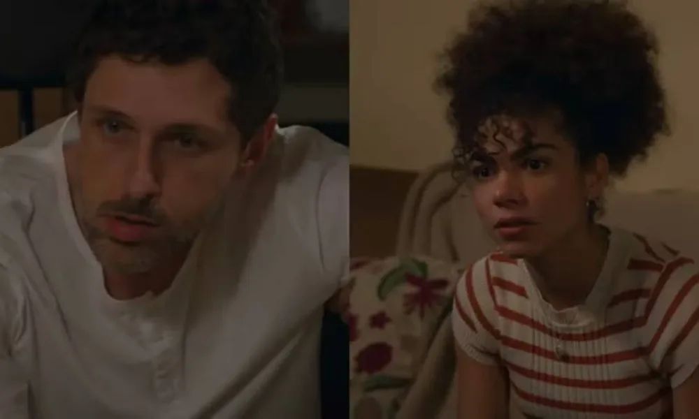 Colagem de duas fotos com personagem Leonardo Roitman à esquerda (Guilherme Magon) e Ana Clara à direita (Samantha Jones) em novela "Vale Tudo" de 2025.