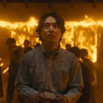 Arisu no segundo episódio da terceira temporada de "Alice in Borderland". Roupa social, no meio de uma multidão em um ambiente em chamas.