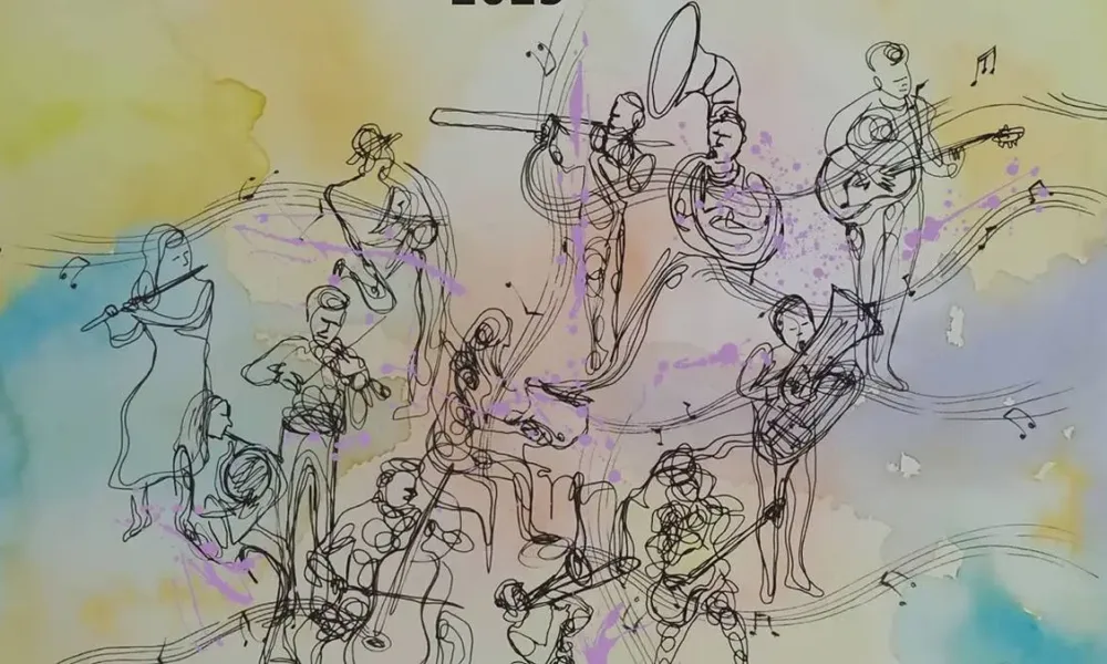 Desenho no estilo mural com tons de aquarela azul e amarelo e músicos de uma orquestra em traços de storyboard tocando.