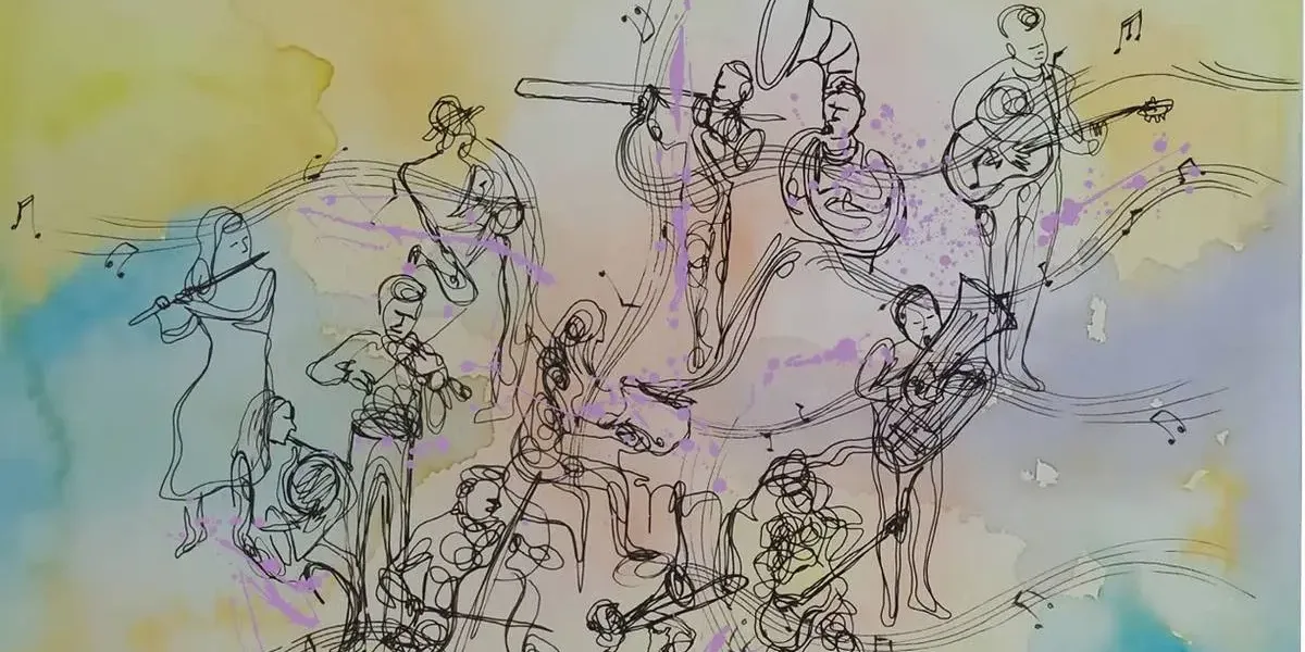 XI Festival Musimagem Celebra Trilhas Sonoras e Chega em SP em Setembro Desenho no estilo mural com tons de aquarela azul e amarelo e músicos de uma orquestra em traços de storyboard tocando.