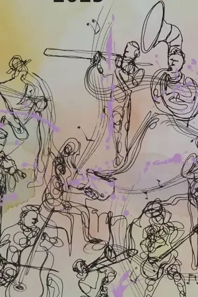 XI Festival Musimagem Celebra Trilhas Sonoras e Chega em SP em Setembro Desenho no estilo mural com tons de aquarela azul e amarelo e músicos de uma orquestra em traços de storyboard tocando.