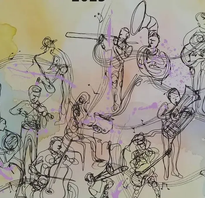 Desenho no estilo mural com tons de aquarela azul e amarelo e músicos de uma orquestra em traços de storyboard tocando.