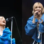 The Town 2025 | Jason Derulo faz show em piloto automático com playback Colagem com duas fotos de Natasha Bedingfield, vestido esvoaçante azul, no The Town 2025, palco Skyline.