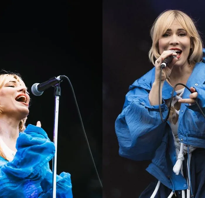 Colagem com duas fotos de Natasha Bedingfield, vestido esvoaçante azul, no The Town 2025, palco Skyline.