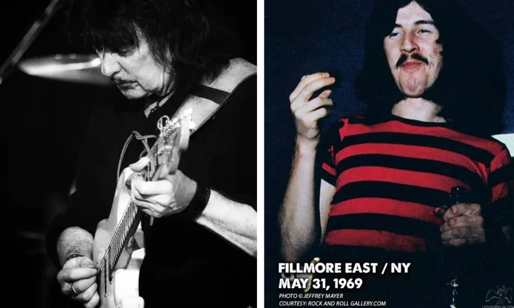 Colagem com Ritchie Blackmore à esquerda e segunda foto com John Bonham nos bastidores de um show do Led Zeppelin.