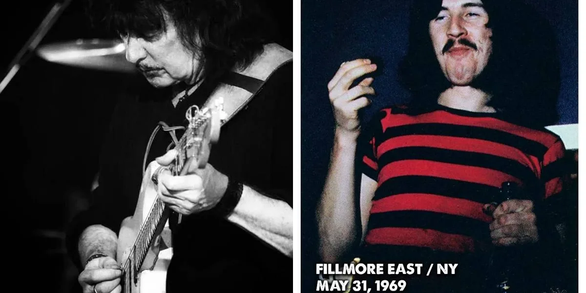 Colagem com Ritchie Blackmore à esquerda e segunda foto com John Bonham nos bastidores de um show do Led Zeppelin.