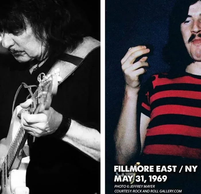 Colagem com Ritchie Blackmore à esquerda e segunda foto com John Bonham nos bastidores de um show do Led Zeppelin.