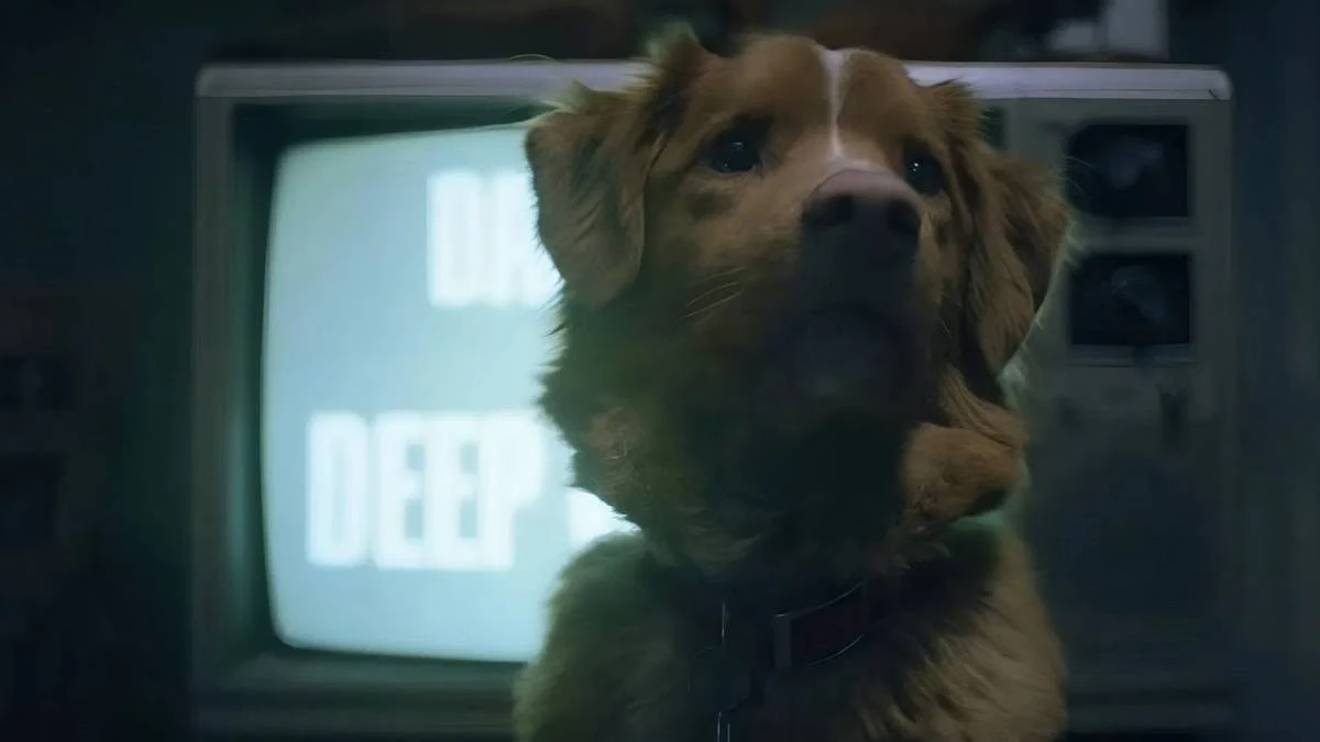 Bom Menino | Terror Para Cachorro Não Assusta Nem os Animais 3 Cão Indy desviando o olhar de televisão de tubo com fita antiga tocando no filme "Bom Menino".