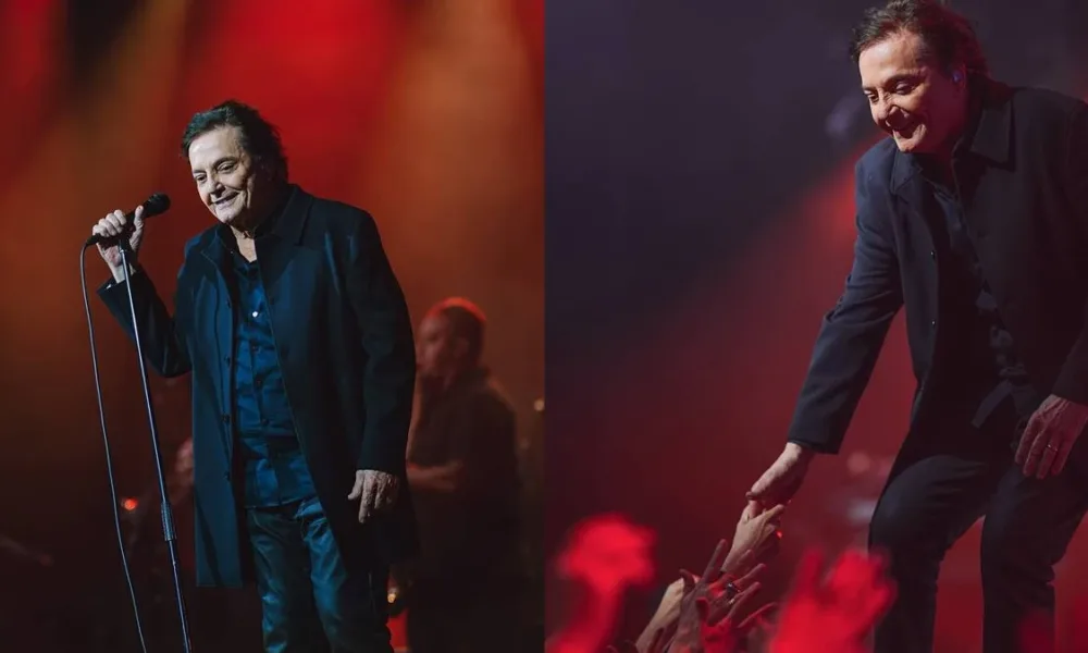 Cliques de Fábio Jr. em colagem com duas fotos suas verticais em seu show, a primeira segurando o microfone e olhando para o público, a segunda com ele tocando mãos da plateia. Imagem da turnê "Bem mais que os meus 20 e poucos anos".