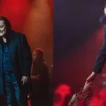 Cliques de Fábio Jr. em colagem com duas fotos suas verticais em seu show, a primeira segurando o microfone e olhando para o público, a segunda com ele tocando mãos da plateia. Imagem da turnê "Bem mais que os meus 20 e poucos anos".
