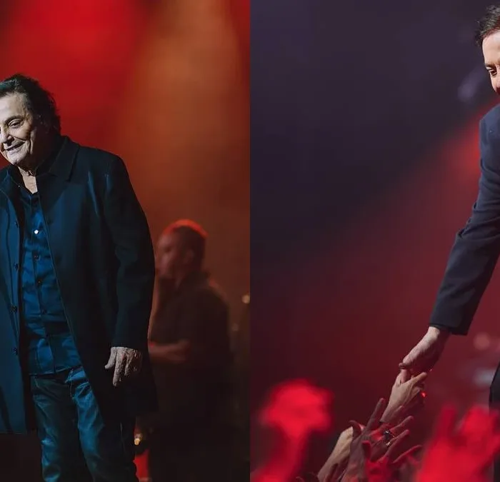 Cliques de Fábio Jr. em colagem com duas fotos suas verticais em seu show, a primeira segurando o microfone e olhando para o público, a segunda com ele tocando mãos da plateia. Imagem da turnê "Bem mais que os meus 20 e poucos anos".