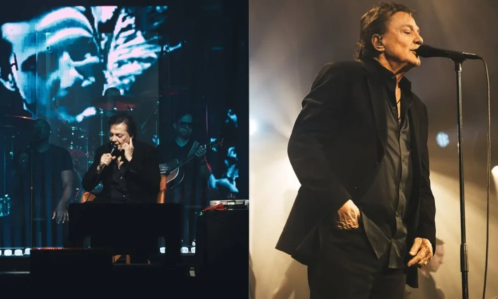 Fábio Jr. em apresentação no Allure Music Hall em 2025, colagem de duas fotos com cantor no palco.