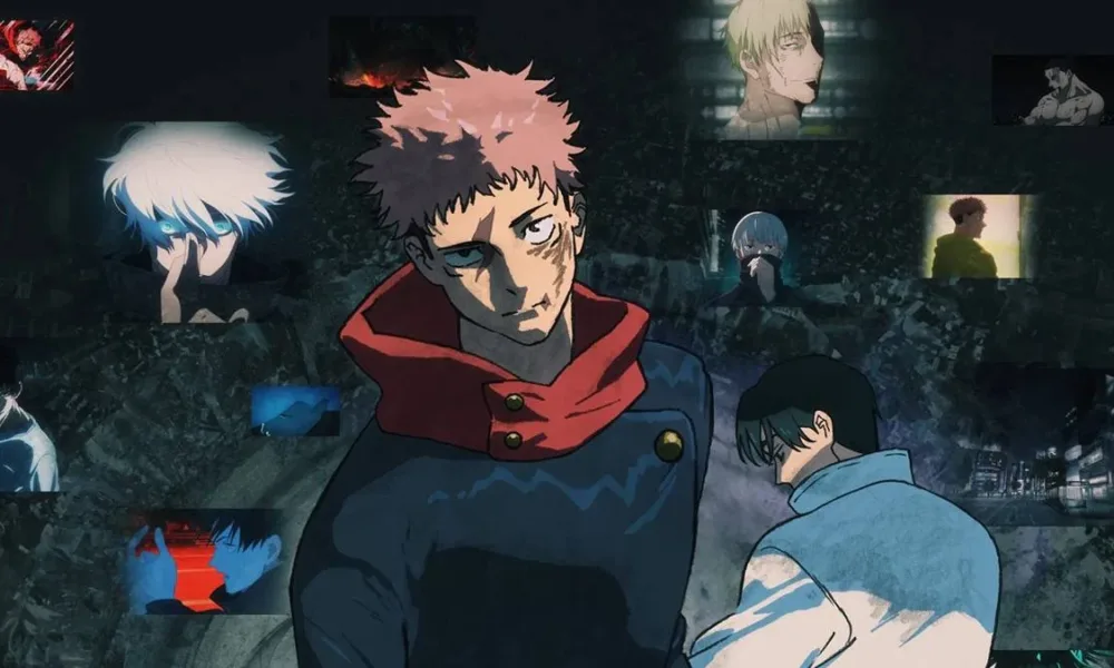 Pôster horizontal de "Jujutsu Kaisen: Execução", filme de recapitulação do arco do Incidente de Shibuya de segunda temporada.