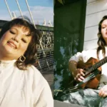 Lola Young em duas imagens, de roupa branca, em fotos postadas em seu Twitter. Na da direita, ela está segurando seu violão e sorrindo em ambas.