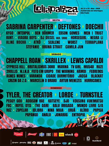 Line-up completa por dia do Lollapalooza Brasil 2025, anunciada no dia 01/10.