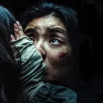 Protagonista de "Ruídos" (2025), segurando preocupada a cabeça de alguém, de costas para nós. O ambiente está todo escuro.