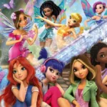 Fadas do reboot de Winx em 2025, em 3D, em imagem promocional, sentadas na biblioteca, e acima colagem com elas na forma de fadas.