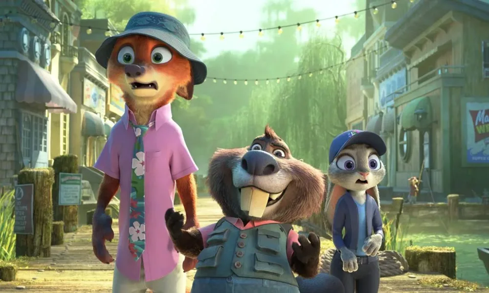 Nick Wilde, um novo personagem castor, e Judy Hopps, em "Zootopia 2". Os personagens estão em um ambiente mais interiorano e com expressão de surpresa.