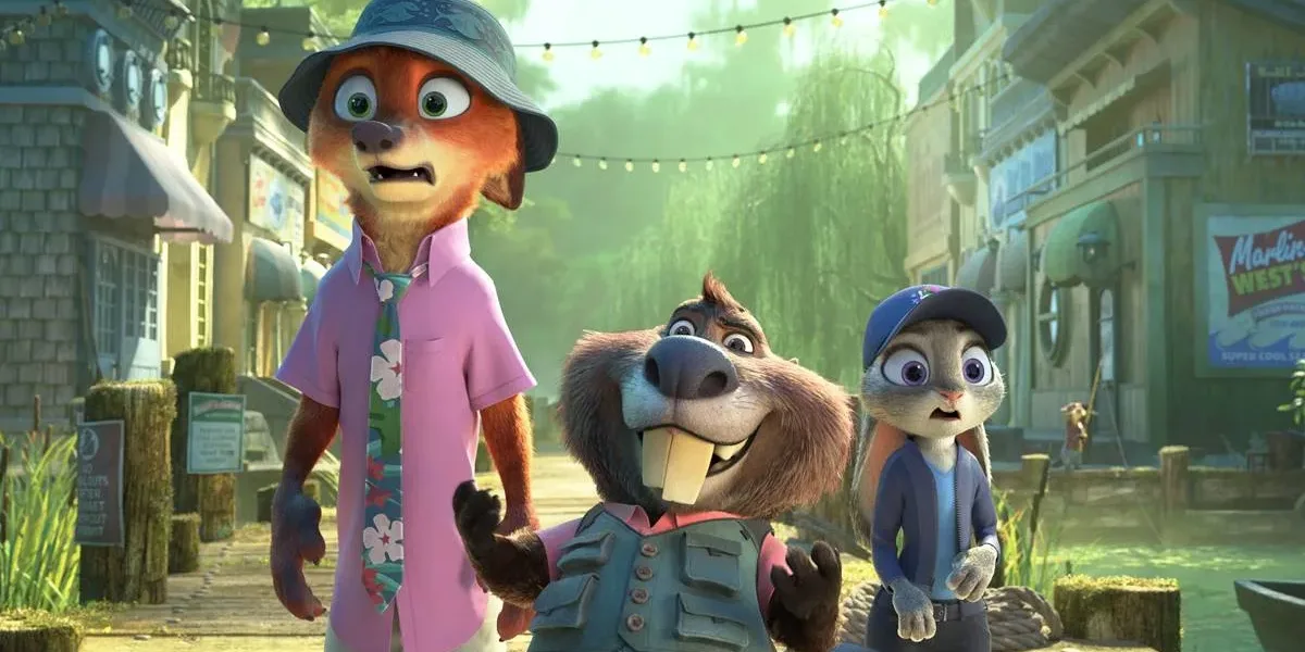 Nick Wilde, um novo personagem castor, e Judy Hopps, em "Zootopia 2". Os personagens estão em um ambiente mais interiorano e com expressão de surpresa.