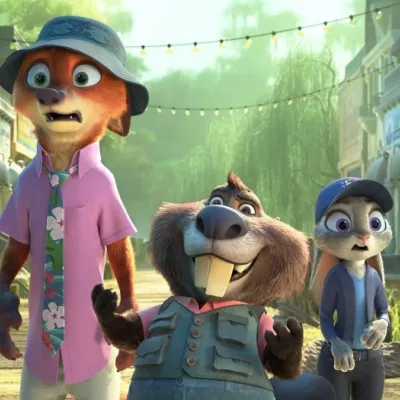 Zootopia 2 | Trailer Traz Judy e Nick em Novo Caso Nick Wilde, um novo personagem castor, e Judy Hopps, em "Zootopia 2". Os personagens estão em um ambiente mais interiorano e com expressão de surpresa.