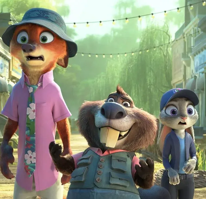 Nick Wilde, um novo personagem castor, e Judy Hopps, em "Zootopia 2". Os personagens estão em um ambiente mais interiorano e com expressão de surpresa.