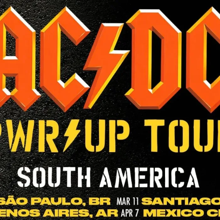 Imagem promocional para vinda do AC/DC ao Brasil, cartaz em preto com as datas de concerto.