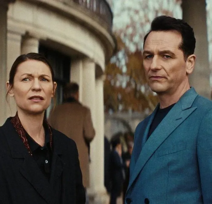 Claire Danes como Agatha 'Aggie' Wiggs e Matthew Rhys como Nile Jarvis, um ao lado do outro, olhando como se recalculassem a rota, de pé, na frente de um prédio de estrutura clássica na série "O Monstro em Mim".