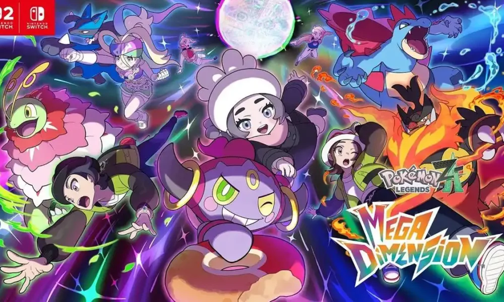 Pôster horizontal de divulgação da DLC "Mega Dimension" de "Pokémon: Legends Z-A". A nova personagem Ansha pode ser vista com um Hoopa. No canto inferior estão os protagonistas, à esquerda Paxton com um Mega Meganium, e à direita Harmony com um Mega Emboar, ambos com expressão de surpresa, bem no fundo estão Taunie e Urban, um de cada lado, ele com um Mega Feraligatr. Harmony tem um Mega Emboar. À esquerda, superior esquerdo, Korrina aparece com nova vestimenta e com seu Lucario. Personagens estão em fundo cromático, como um portal para uma nova dimensão, ao centro na parte de cima há uma bola prata em alusão às mega evoluções.