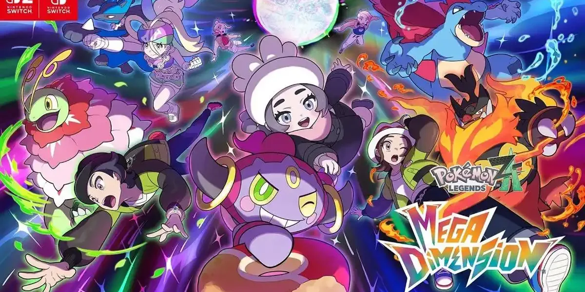 Pokémon Mega Dimension | Novas Mega Anunciadas: Chimecho, Baxcalibur e Mais Pôster horizontal de divulgação da DLC "Mega Dimension" de "Pokémon: Legends Z-A". A nova personagem Ansha pode ser vista com um Hoopa. No canto inferior estão os protagonistas, à esquerda Paxton com um Mega Meganium, e à direita Harmony com um Mega Emboar, ambos com expressão de surpresa, bem no fundo estão Taunie e Urban, um de cada lado, ele com um Mega Feraligatr. Harmony tem um Mega Emboar. À esquerda, superior esquerdo, Korrina aparece com nova vestimenta e com seu Lucario. Personagens estão em fundo cromático, como um portal para uma nova dimensão, ao centro na parte de cima há uma bola prata em alusão às mega evoluções.