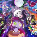 Pôster horizontal de divulgação da DLC "Mega Dimension" de "Pokémon: Legends Z-A". A nova personagem Ansha pode ser vista com um Hoopa. No canto inferior estão os protagonistas, à esquerda Paxton com um Mega Meganium, e à direita Harmony com um Mega Emboar, ambos com expressão de surpresa, bem no fundo estão Taunie e Urban, um de cada lado, ele com um Mega Feraligatr. Harmony tem um Mega Emboar. À esquerda, superior esquerdo, Korrina aparece com nova vestimenta e com seu Lucario. Personagens estão em fundo cromático, como um portal para uma nova dimensão, ao centro na parte de cima há uma bola prata em alusão às mega evoluções.