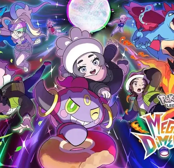 Pôster horizontal de divulgação da DLC "Mega Dimension" de "Pokémon: Legends Z-A". A nova personagem Ansha pode ser vista com um Hoopa. No canto inferior estão os protagonistas, à esquerda Paxton com um Mega Meganium, e à direita Harmony com um Mega Emboar, ambos com expressão de surpresa, bem no fundo estão Taunie e Urban, um de cada lado, ele com um Mega Feraligatr. Harmony tem um Mega Emboar. À esquerda, superior esquerdo, Korrina aparece com nova vestimenta e com seu Lucario. Personagens estão em fundo cromático, como um portal para uma nova dimensão, ao centro na parte de cima há uma bola prata em alusão às mega evoluções.