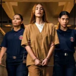 Marina Ruy Barbosa ao centro com roupas de presídio, caracterizada como Suzane von Richtofen, em imagem promocional, cercada por duas carcereiras, para a série "Tremembé", caminhando nos corredores do presídio algemada.