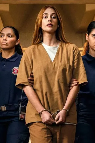 Marina Ruy Barbosa ao centro com roupas de presídio, caracterizada como Suzane von Richtofen, em imagem promocional, cercada por duas carcereiras, para a série "Tremembé", caminhando nos corredores do presídio algemada.