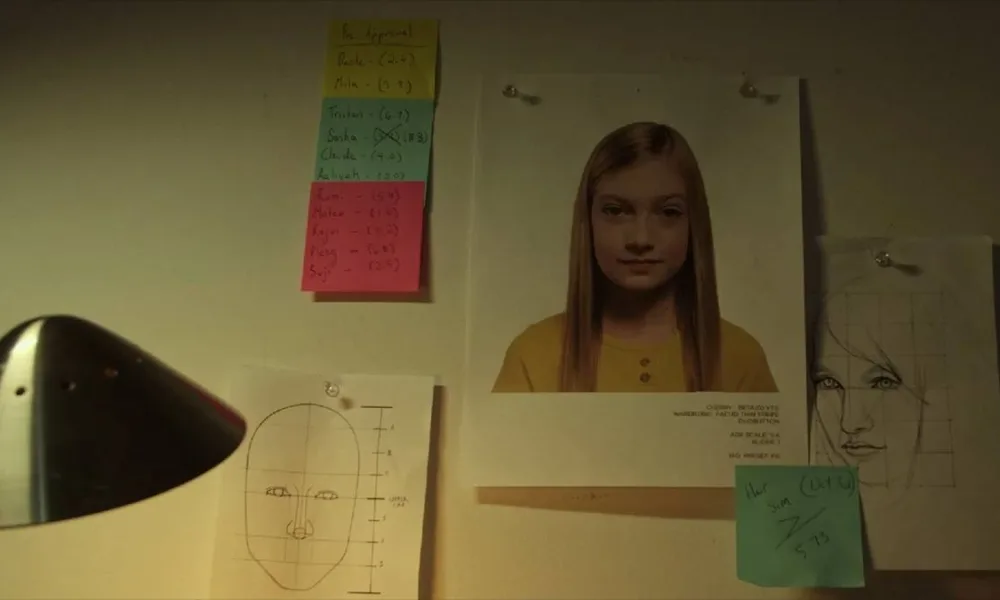 Imagem do filme "A Garota Artificial", com uma parede com informações cheia de informações, post-its, dados, como próprio de investigação.