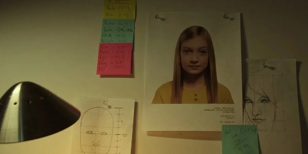 A Garota Artificial | Suspense Eletrizante e Uma Obra Criativa Sobre a IA Que nos Cerca Imagem do filme "A Garota Artificial", com uma parede com informações cheia de informações, post-its, dados, como próprio de investigação.