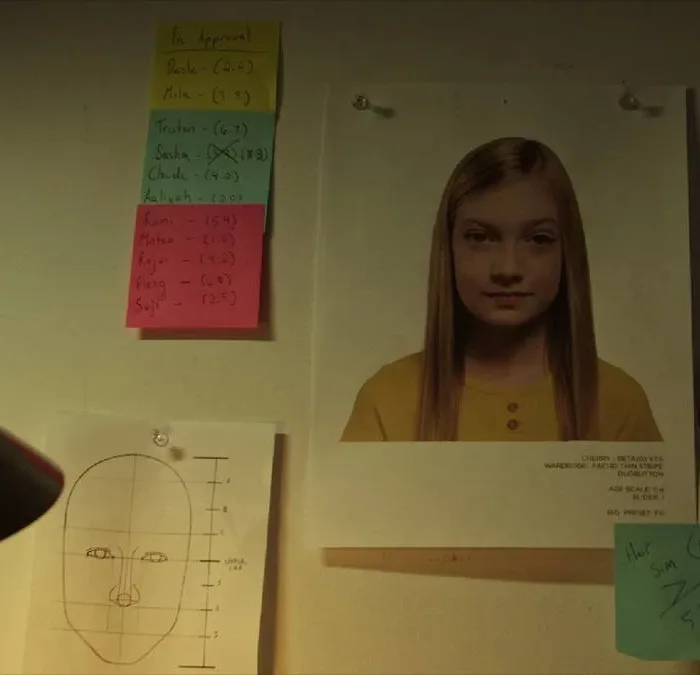 Imagem do filme "A Garota Artificial", com uma parede com informações cheia de informações, post-its, dados, como próprio de investigação.
