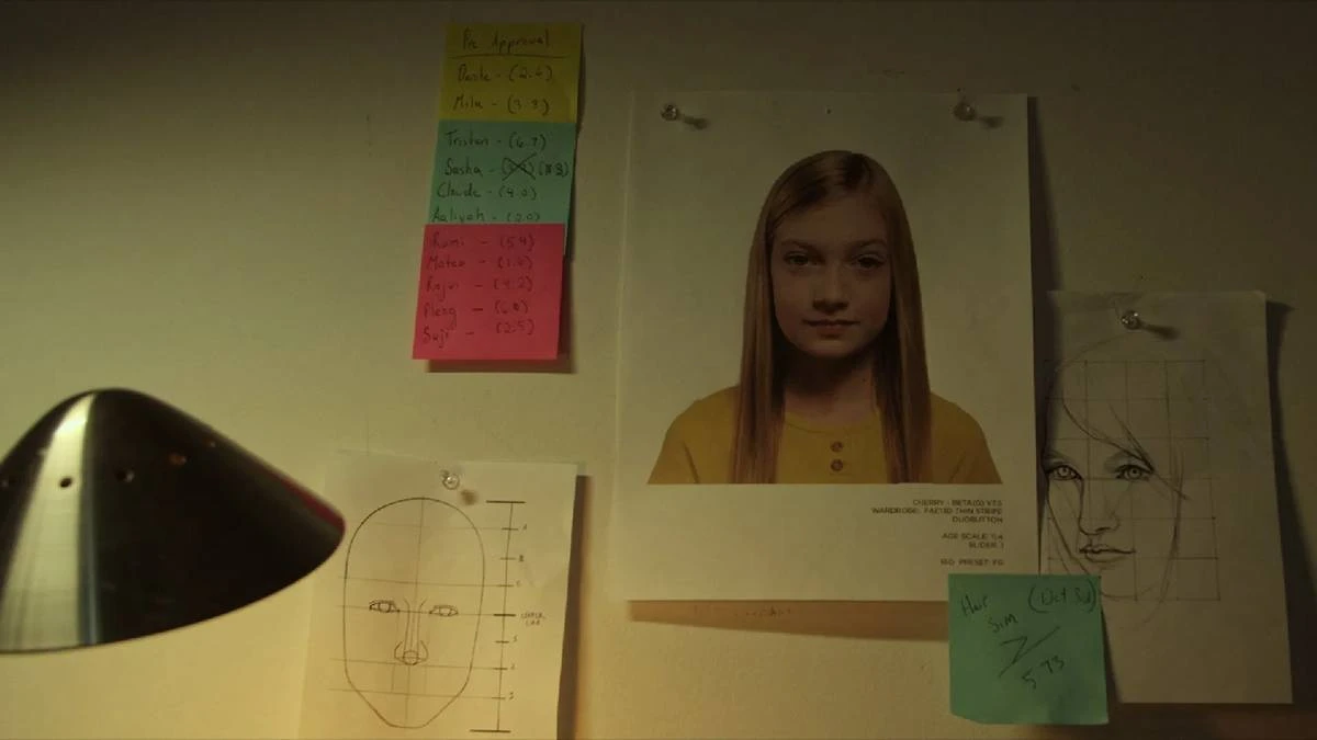 A Garota Artificial | Suspense Eletrizante e Uma Obra Criativa Sobre a IA Que nos Cerca 2 Imagem do filme "A Garota Artificial", com uma parede com informações cheia de informações, post-its, dados, como próprio de investigação.