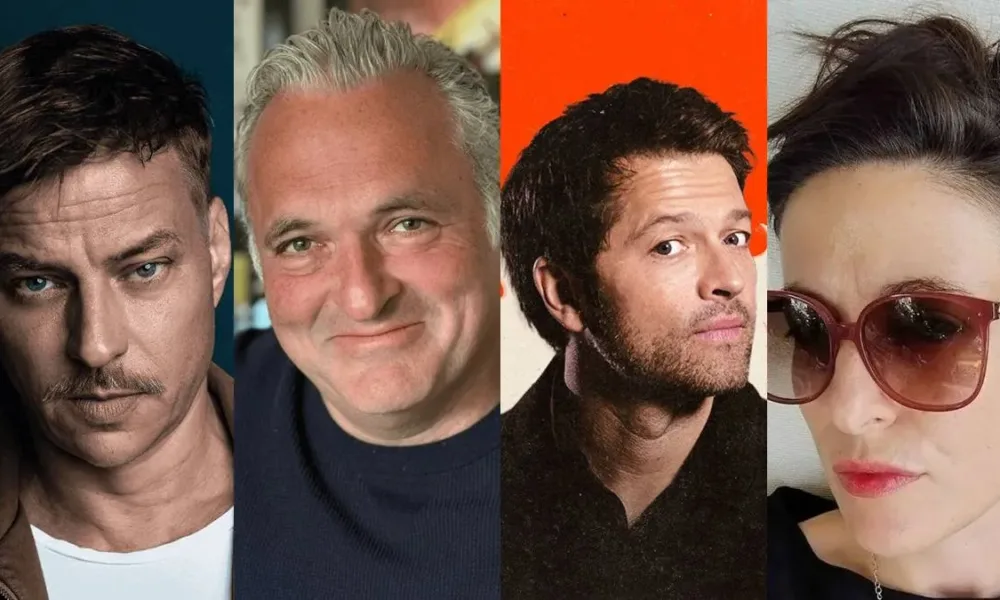 Colagem em quatro partes na horizontal com fotos de Tom Wlaschiha, Genndy Tartakovsky, Misha Collins, Sara Pichelli, algumas das atrações da CCXP25.