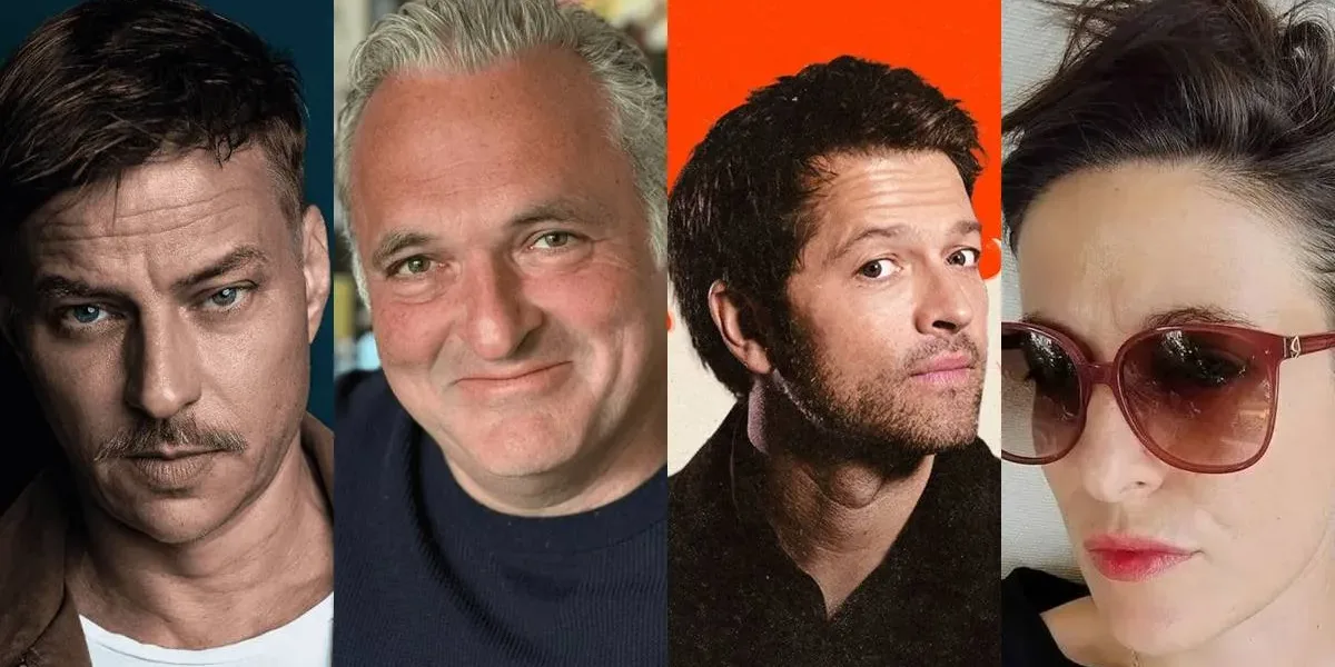 Colagem em quatro partes na horizontal com fotos de Tom Wlaschiha, Genndy Tartakovsky, Misha Collins, Sara Pichelli, algumas das atrações da CCXP25.