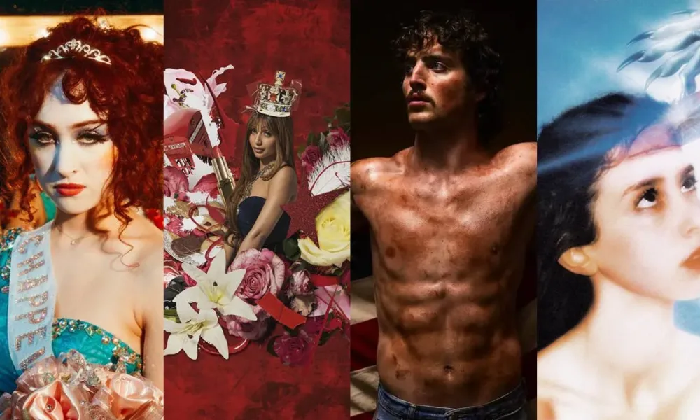 Capas dos álbuns "The Rise and Fall of a Midwest Princess", "Fancy That", "American Heart", "Imaginal Disk", de Chappell Roan, PinkPantheress, Benson Boone, e Magdalena Bay, respectivamente.