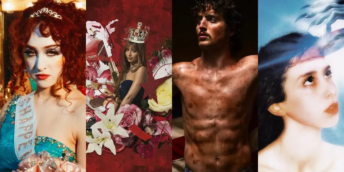 Capas dos álbuns "The Rise and Fall of a Midwest Princess", "Fancy That", "American Heart", "Imaginal Disk", de Chappell Roan, PinkPantheress, Benson Boone, e Magdalena Bay, respectivamente.