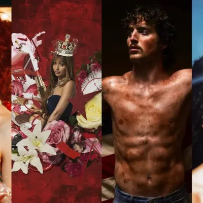 Capas dos álbuns "The Rise and Fall of a Midwest Princess", "Fancy That", "American Heart", "Imaginal Disk", de Chappell Roan, PinkPantheress, Benson Boone, e Magdalena Bay, respectivamente.