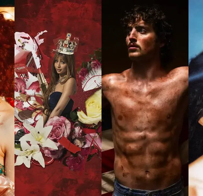 Capas dos álbuns "The Rise and Fall of a Midwest Princess", "Fancy That", "American Heart", "Imaginal Disk", de Chappell Roan, PinkPantheress, Benson Boone, e Magdalena Bay, respectivamente.