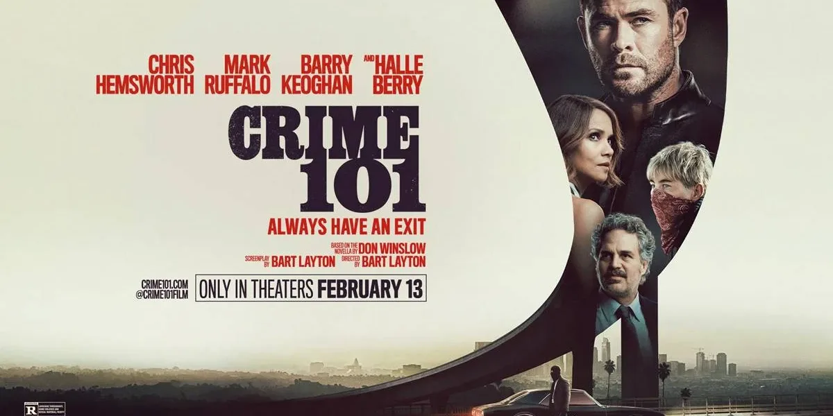 Pôster horizontal de "Caminhos do Crime" ("Crime 101"), filme de 2026, com elenco, nomes em vermelho, e lettering do nome em destaque em inglês em fundo cinza.