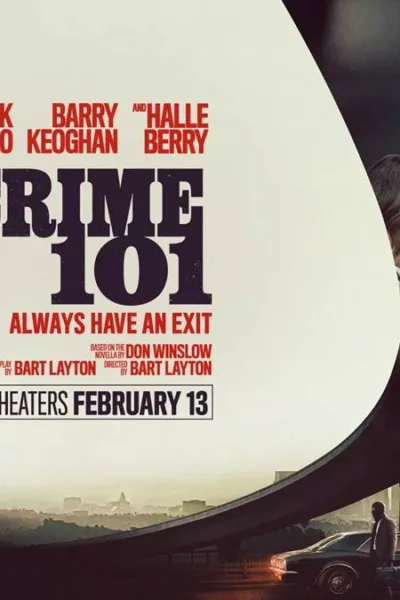 Pôster horizontal de "Caminhos do Crime" ("Crime 101"), filme de 2026, com elenco, nomes em vermelho, e lettering do nome em destaque em inglês em fundo cinza.